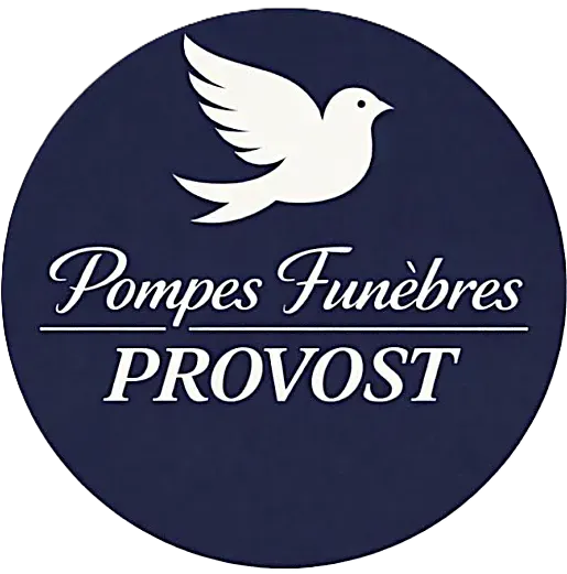 Logo officiel des Pompes Funèbres Provost avec une colombe blanche sur fond bleu nuit.